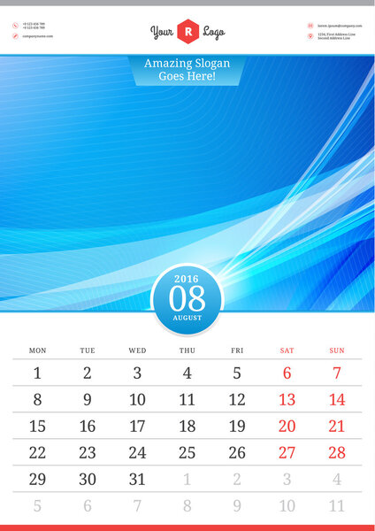 Wall Calendar 2016. August. Vector Template with Abstract Background. Week Starts Monday