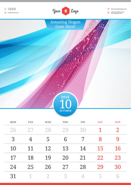 Wall Calendar 2016. October. Vector Template with Abstract Background. Week Starts Monday
