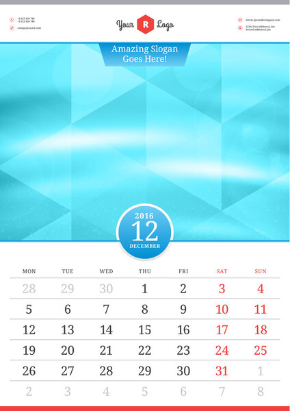 Wall Calendar 2016. December. Vector Template with Abstract Background. Week Starts Monday