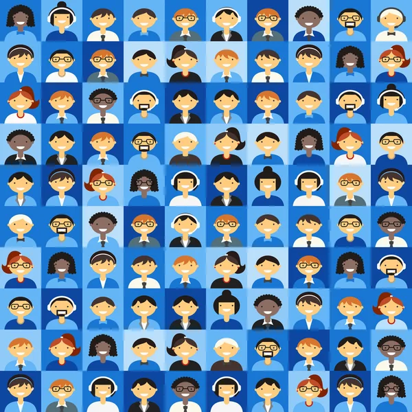 Flachen Design Vektor Hintergrund. verschiedene Charaktere, weiblich, männlich. Blautöne — Stockvektor