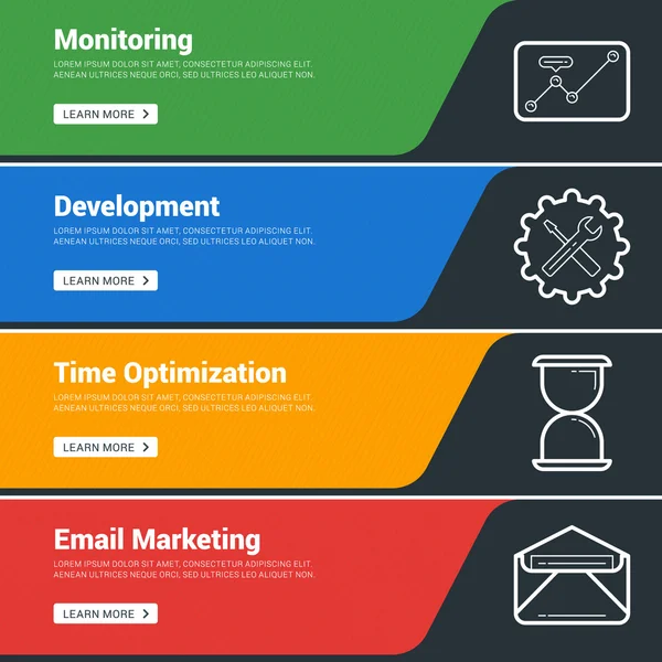 Flat Design Concept. Set of Vector Web Banners. Monitoring, Development, Time Organization, Email Marketing
