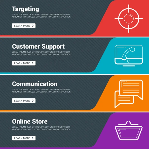 Flat Design Concept. Set of Vector Web Banners. Targeting, Customer Support, Communication, Online Store — Διανυσματικό Αρχείο