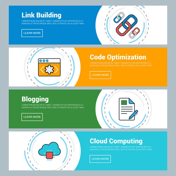 Concept de design plat. Ensemble de bannières Web vectorielles. Création de liens, optimisation de code, blogging, cloud computing — Image vectorielle