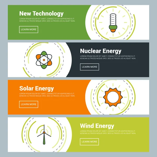 Flat Design Concept. Set of Vector Web Banners. New Technology, Nuclear Energy, Solar Energy, Wind Energy