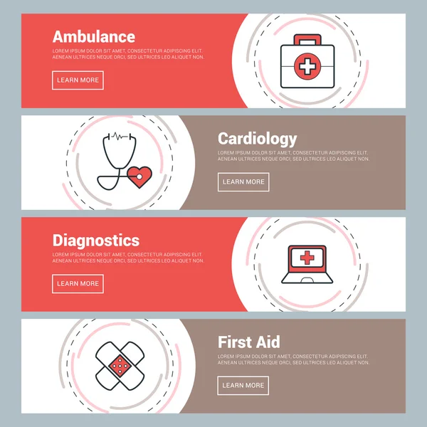 Concepto de diseño plano. Conjunto de Banners Web Vectoriales. Ambulancia, Cardiología, Diagnóstico, Primeros Auxilios — Archivo Imágenes Vectoriales