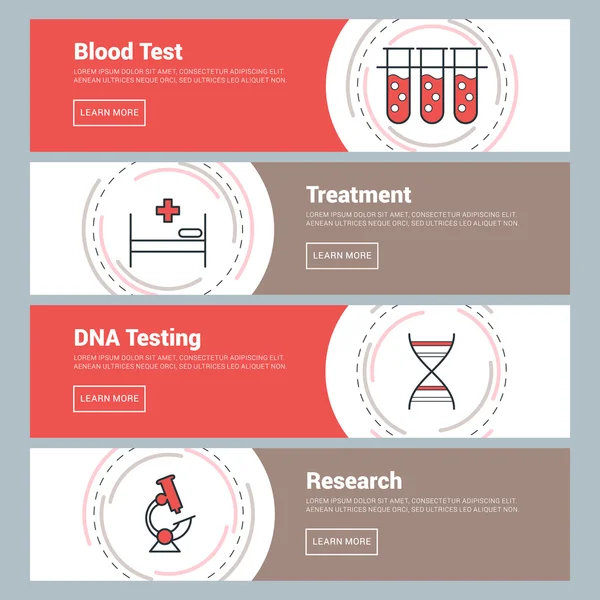 Flat Design Concept. Set of Vector Web Banners, Blood Test, Treatment, DNA Testing, Research — Stockový vektor