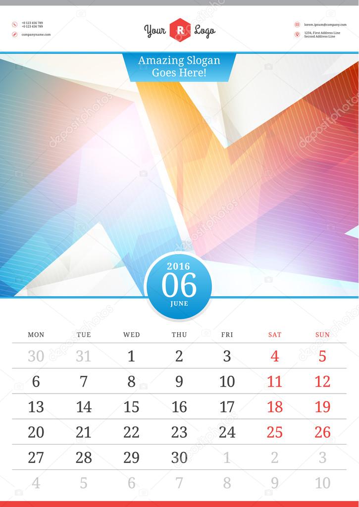 Wall Calendar 2016. June. Vector Template with Abstract Background. Week Starts Monday