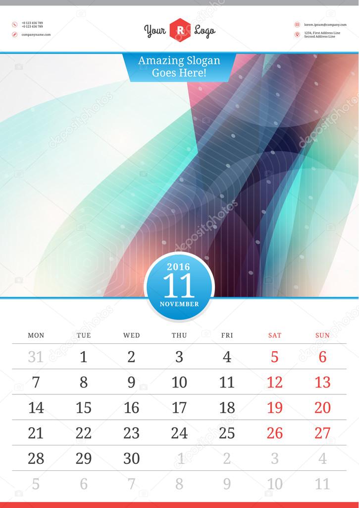 Wall Calendar 2016. November. Vector Template with Abstract Background. Week Starts Monday