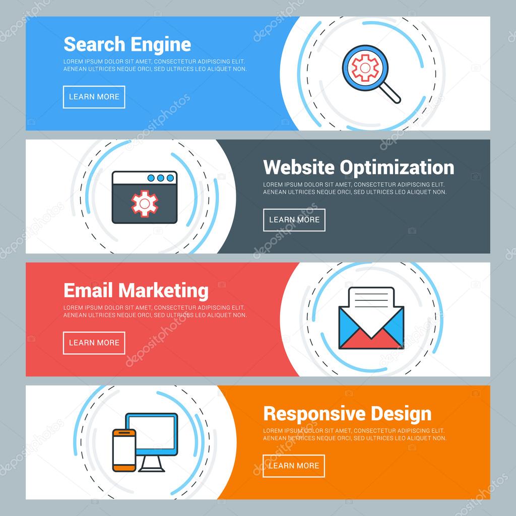 Flat Design Concept. Set of Vector Web Banners. Search Engine, Website Optimization, Email Marketing, Responsive Design