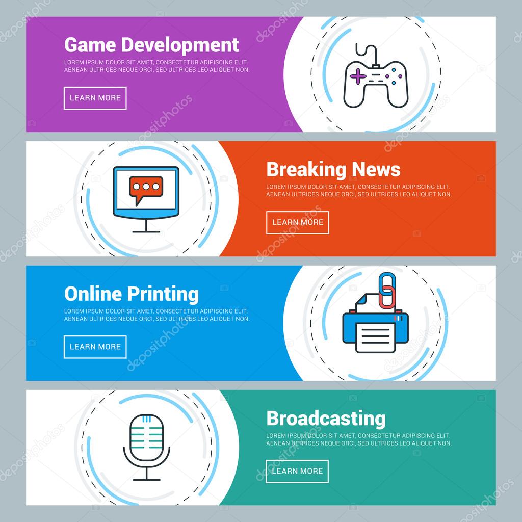 Flat Design Concept. Set of Vector Web Banners. Game Development, Breaking News, Online Printing, Broadcasting