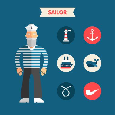 Flat Design Vector Illustration of Sailor with Icon Set. Infographic Design Elements