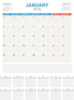 Calendar Planner 2016. Vector Flat Design Template. Set of 12 Months. Week Starts Monday