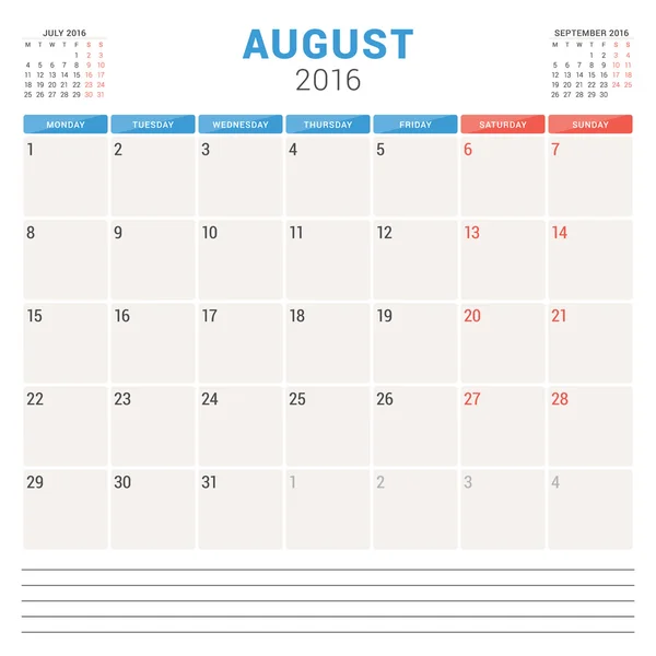 Calendar Planner 2016. Vector Flat Design Template. August. Week Starts Monday — Stockový vektor