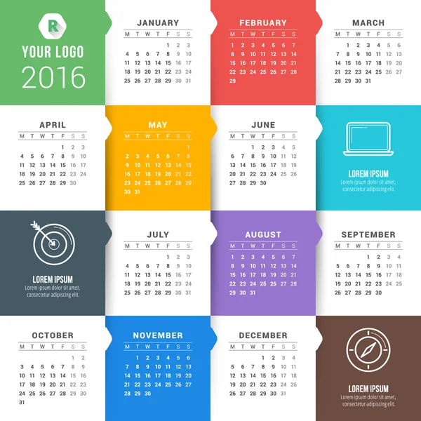 Vector Calendar Template. Calendar 2016. Week Starts Monday