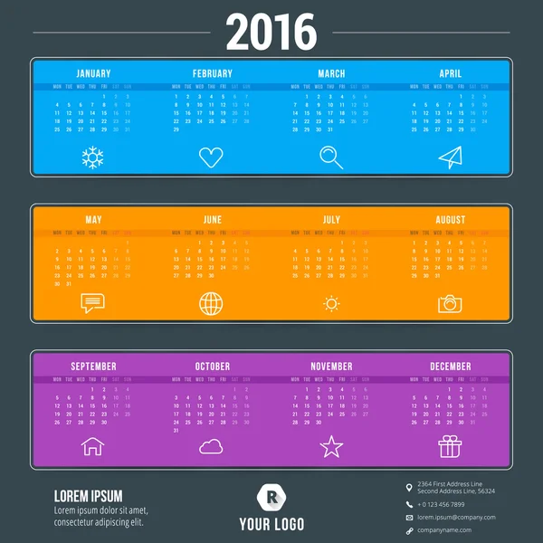 Plantilla de calendario vectorial. Calendario 2016. Semana comienza el lunes — Vector de stock