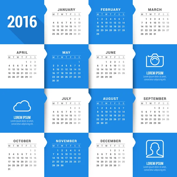 Vector Calendar Template. Calendar 2016. Week Starts Monday — Stok Vektör