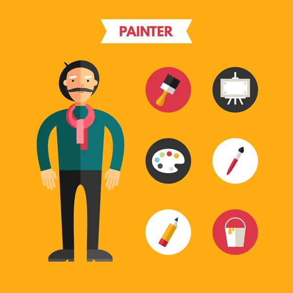 Flat Design Vector Illustration of Painter with Icon Set. Infographic Design Elements — Stock Vector