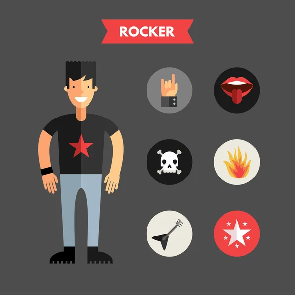 Diseño plano Vector Ilustración de Rocker con conjunto de iconos. Elementos de diseño infográfico — Vector de stock