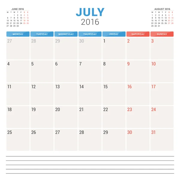 Pianificatore calendario 2016. Modello di design piatto vettoriale. Luglio. La settimana inizia lunedì — Vettoriale Stock