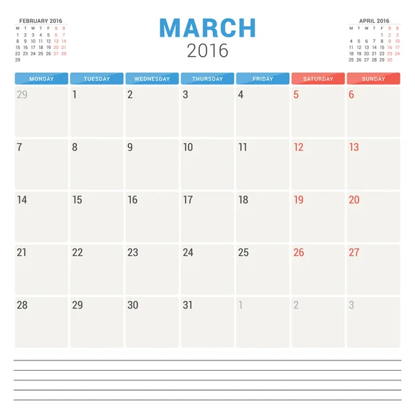 Calendar Planner 2016. Vector Flat Design Template. March. Week Starts Monday — ストックベクタ