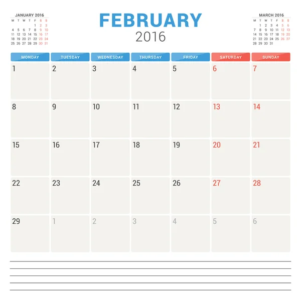 Calendar Planner 2016. Vector Flat Design Template. February. Week Starts Monday — ストックベクタ