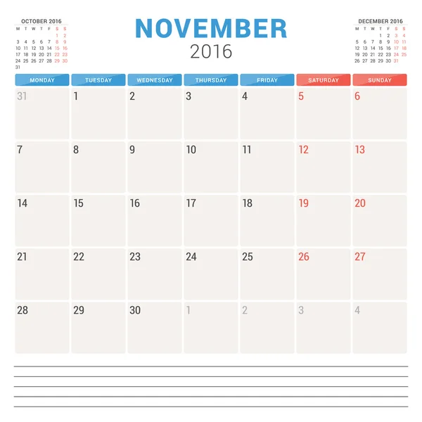 Calendar Planner 2016. Vector Flat Design Template. November. Week Starts Monday — Stockový vektor