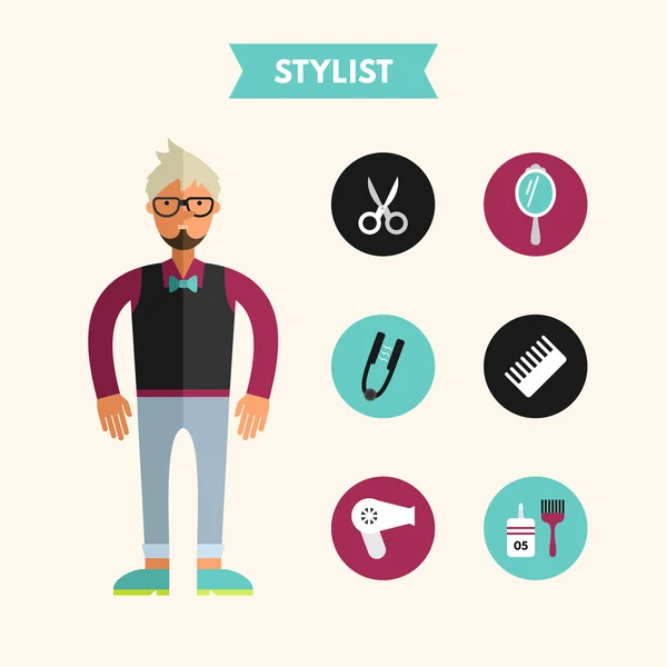 Flat Design Vector Illustration of Stylist with Icon Set. Infographic Design Elements — Stockvector
