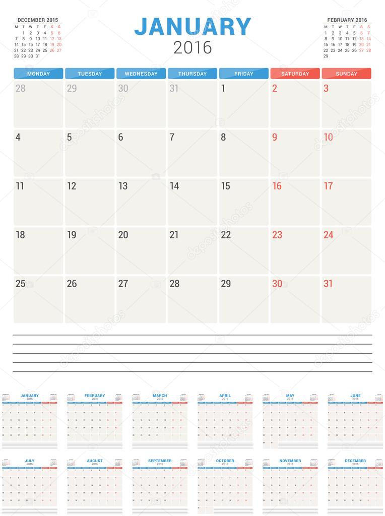 Calendar Planner 2016. Vector Flat Design Template. Set of 12 Months. Week Starts Monday