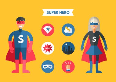 Flat Design Vector Illustration of Super Hero with Icon Set. Infographic Design Elements