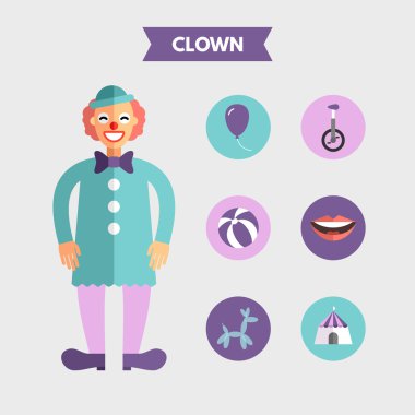 Flat Design Vector Illustration of Clown with Icon Set. Infographic Design Elements
