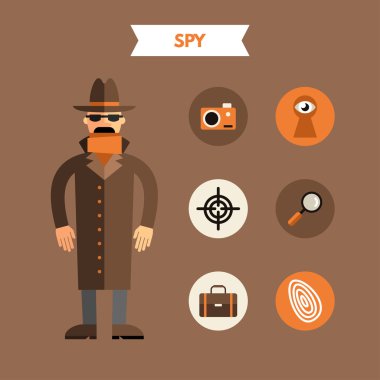 Flat Design Vector Illustration of Spy with Icon Set. Infographic Design Elements