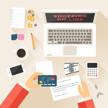 Shopping in Online Store. Top View. Flat Design Vector Illustration