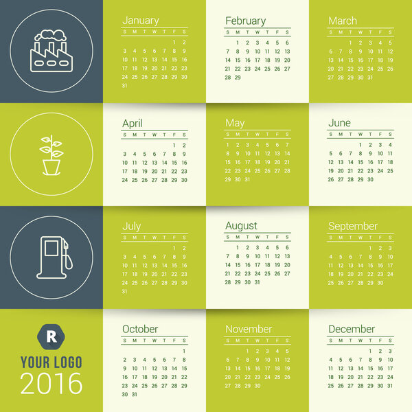 Vector Calendar Template. Calendar 2016. Week Starts Sunday