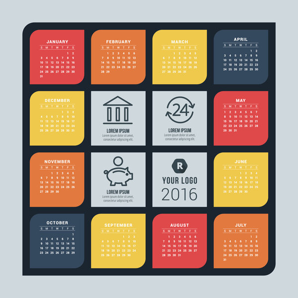 Vector Calendar Template. Calendar 2016. Week Starts Sunday
