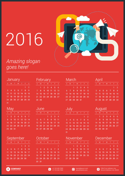 Vector Calendar Template. Calendar 2016. Week Starts Sunday
