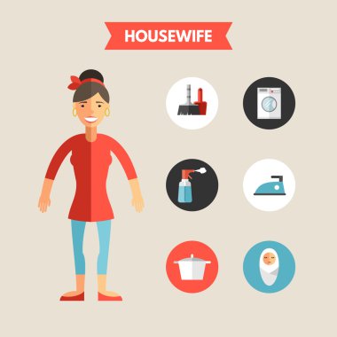 Flat Design Vector Illustration of Housewife with Icon Set. Infographic Design Elements