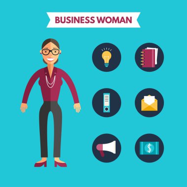 Flat Design Vector Illustration of Business Woman with Icon Set. Infographic Design Elements