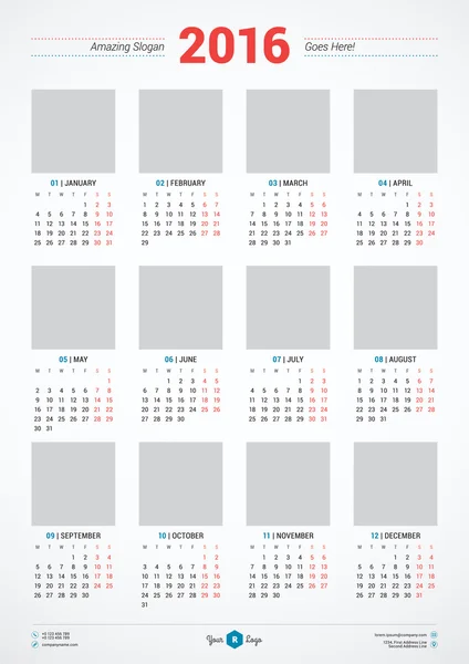 Kalender 2016 Vektor-Design-Vorlage. Woche beginnt am Montag — Stockvektor