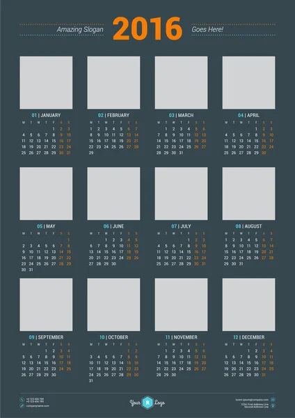 Kalenteri 2016 vektori suunnittelu malli. Viikko alkaa maanantaina — vektorikuva