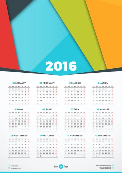 Calendar 2016 Vector Design Template. Week Starts Sunday — Stock Vector