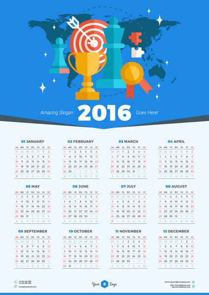 Calendar 2016 Vector Design Template. Week Starts Sunday