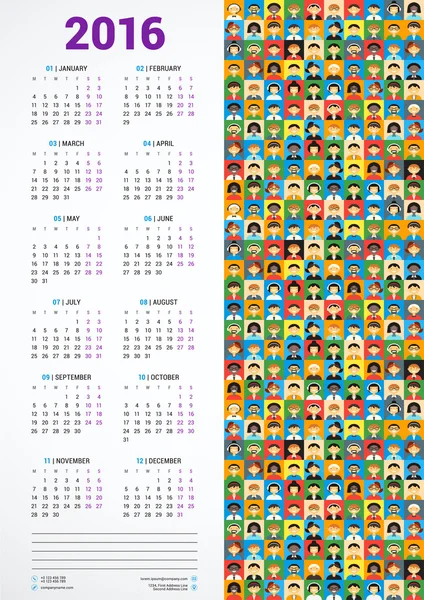 Calendrier 2016 modèle de conception vectorielle. La semaine commence lundi — Image vectorielle