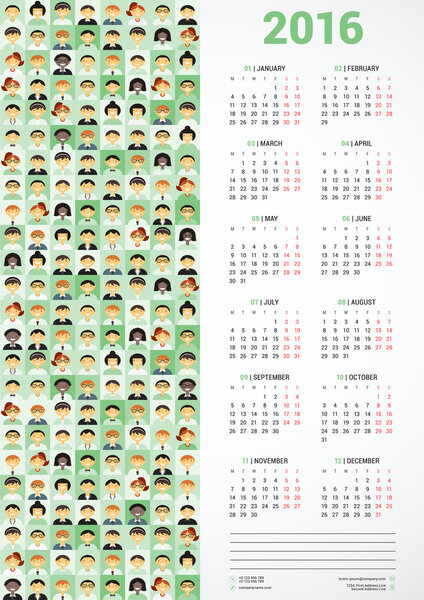 Calendar 2016 Vector Design Template. Week Starts Monday