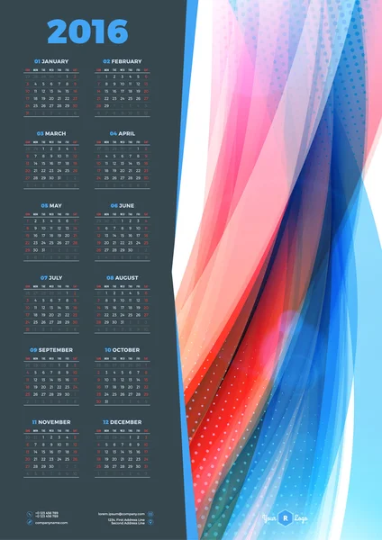 Kalender 2016 Vektor-Design-Vorlage. Woche beginnt am Sonntag — Stockvektor