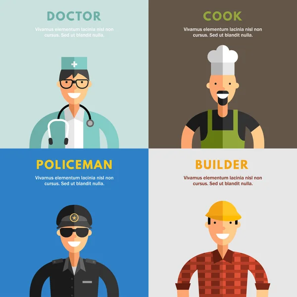 Set of Flat Design Vector Illustrations of Professional People Characters. Doctor, Cook, Policeman, Builder — Stock Vector