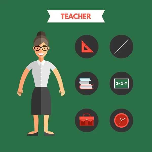 Flat Design Vector Illustration of Teacher with Icon Set. Infographic Design Elements — Stock Vector