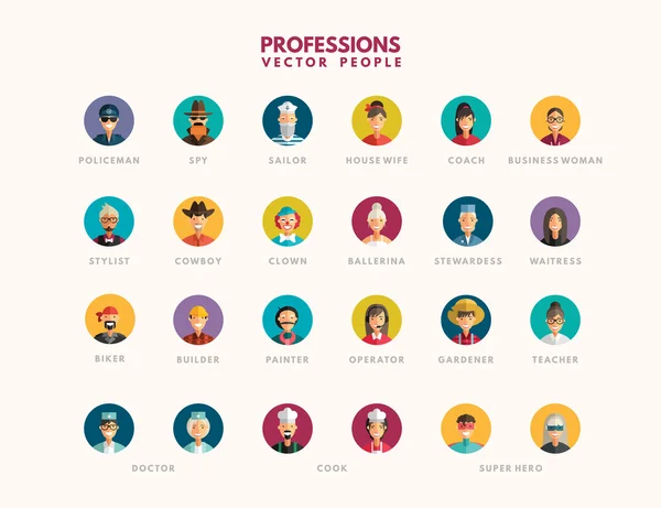 Rancangan Rata Orang Profesional Avatar Icon Set. Polisi, Pelaut, Rumah Tangga, Koboi, Builder, Guru, Dokter, Pahlawan Seper, Pelayan, Tukang Kebun - Stok Vektor