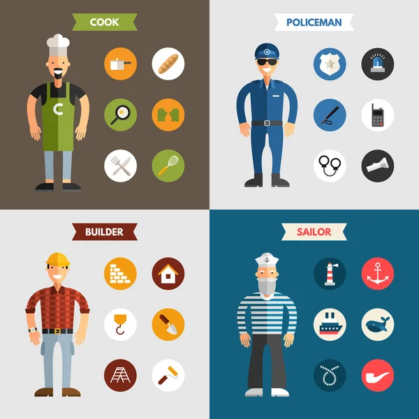 Profession People. Builder. Cook. Policeman. Sailor. Set of Flat Style Vector Infographic Design Elements — Stock Vector