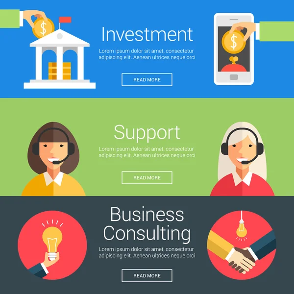 Investitionen. Unterstützung. Unternehmensberatung. flache Designvektorillustrationskonzepte für Web-Banner und Werbematerialien — Stockvektor