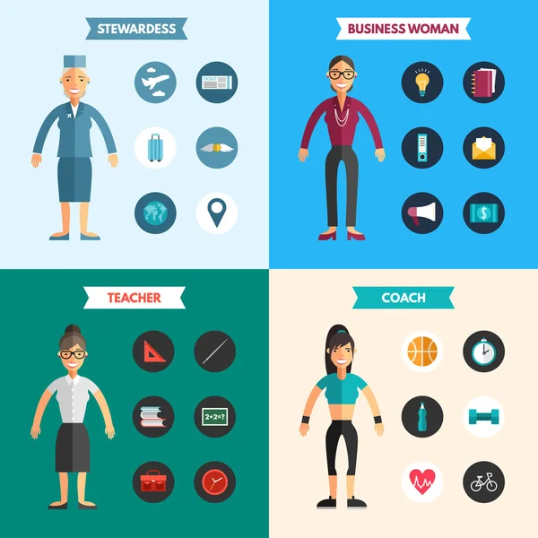 Profession People. Stewardess. Business Woman. Coach. Teacher. Set of Flat Style Vector Infographic Design Elements